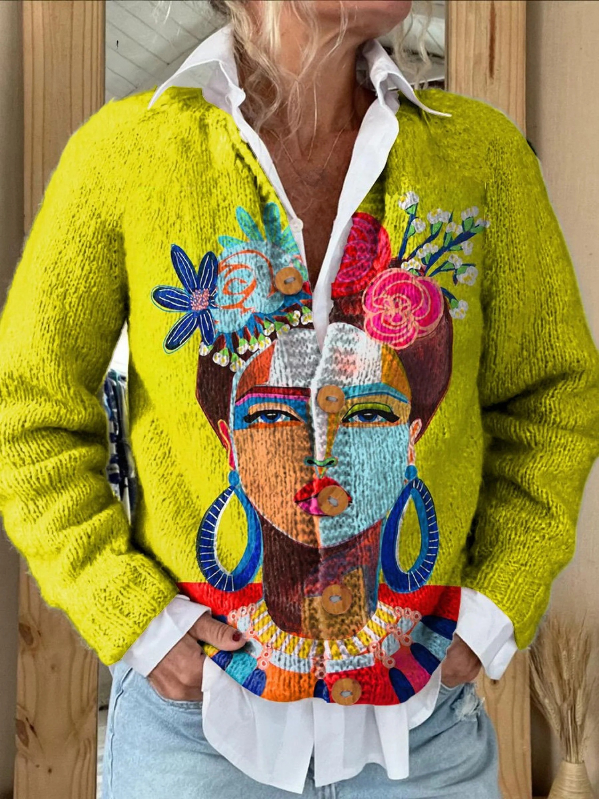 ONA | CARDIGAN BUTTONED CON STAMPA ARTISTICA DEL RITRATTO DI FRIDA