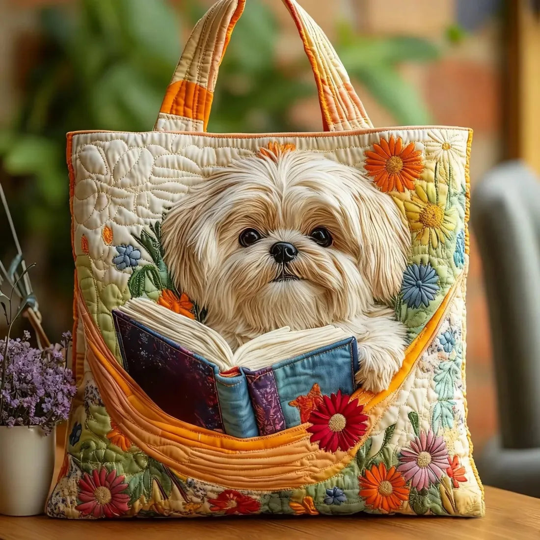 Borsa Shih Tzu Artigianale con Libri e Fiori