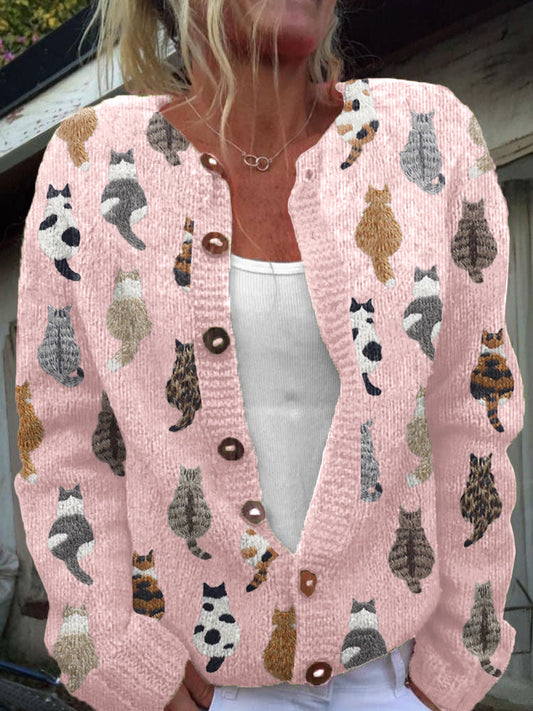 Charlotte | Cardigan in Maglia Morbida con Stampa di Gatti