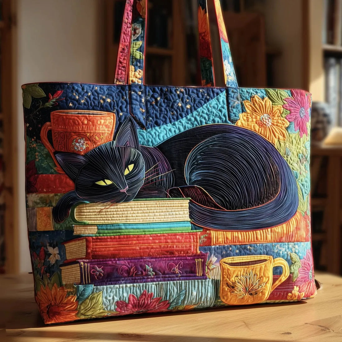 Borsa Artigianale - Gatto Nero Circondato da Libri e Tazze