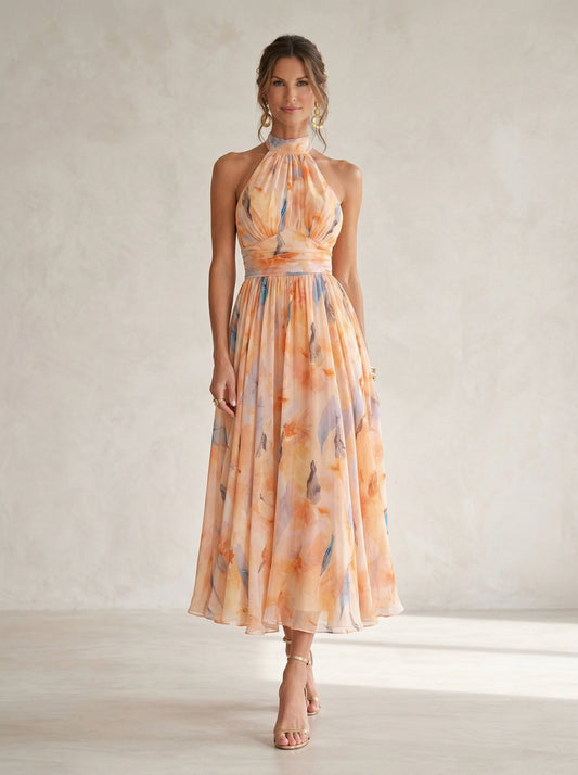Esther™ | Abito con Scollo Halter e Stampa Acquerello