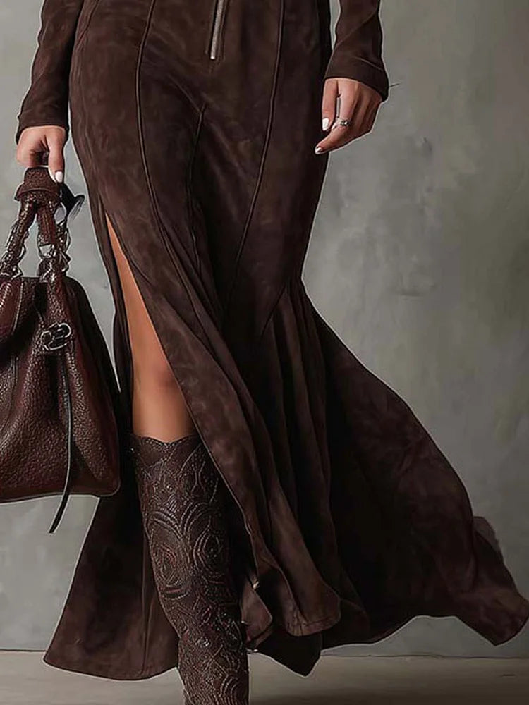 Abito Maxi Marrone Vintage con Cerniera e Cintura (Include cintura)