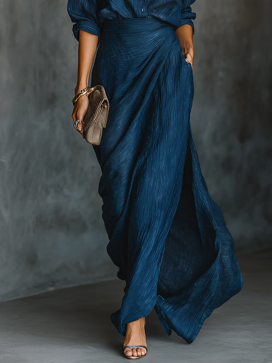 Set Gonna Lunga Elegante in Cotone e Lino Blu Scuro