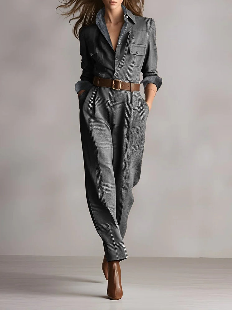 Tuta Utilitaria a Quadri in Tweed Marrone Sofisticato