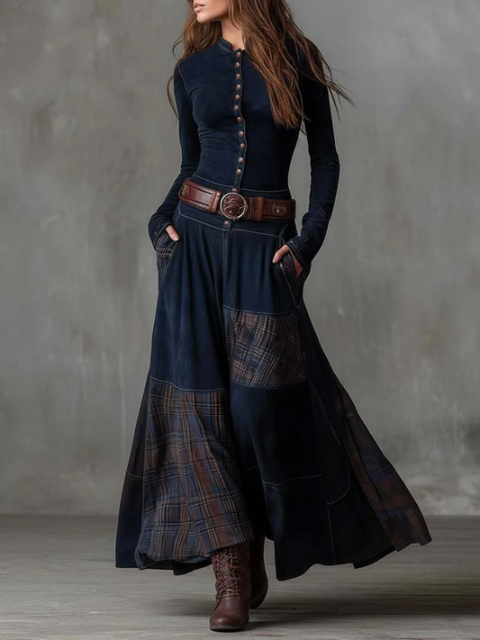 Abito Maxi Vintage in Suede a Quadri Blu Navy (con cintura)