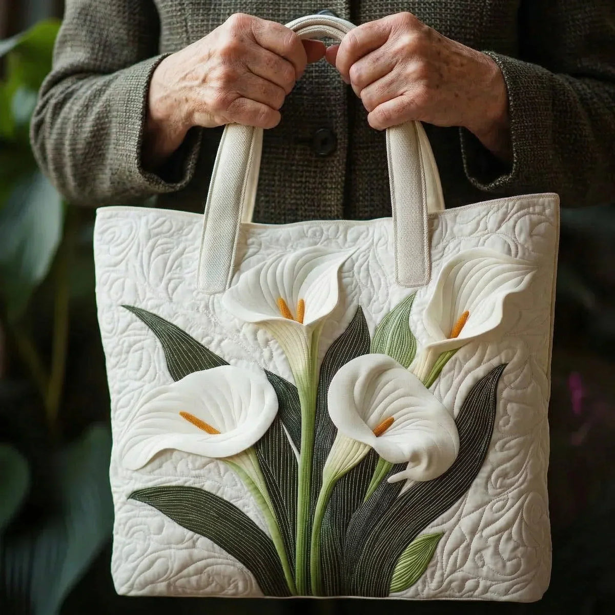 Borsa Quilted Fatta a Mano - Design Giglio Bianco