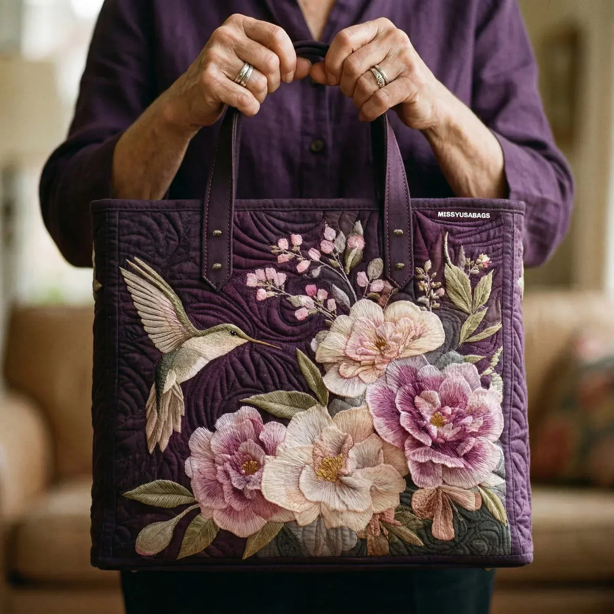 Borsa Artigianale Trapuntata - Con Colibrì e Orchidee