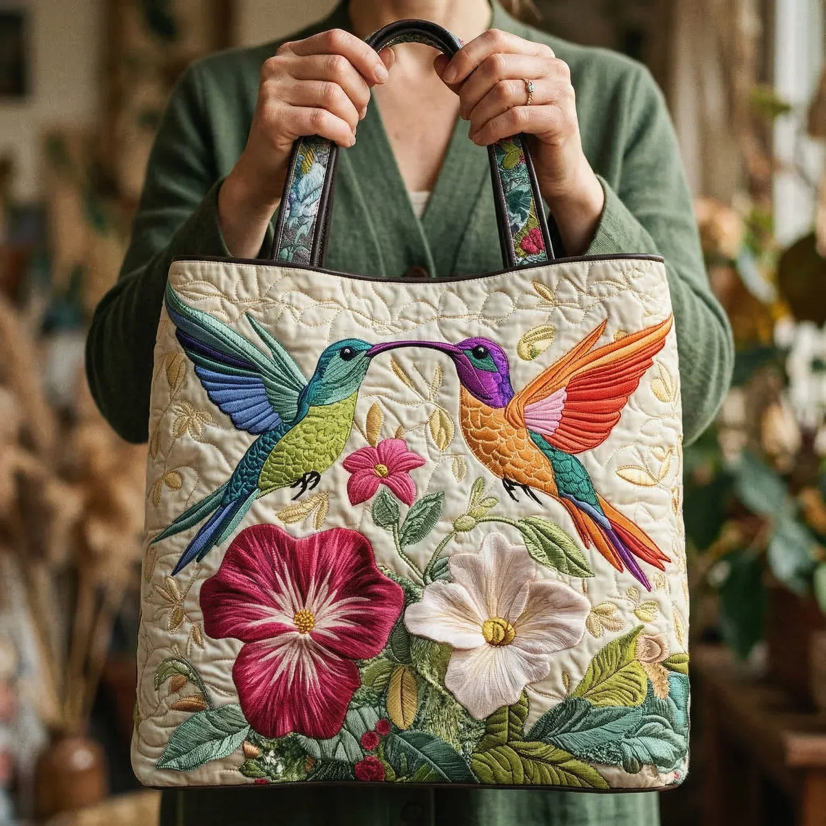 Borsa Trapuntata Colibrì e Fiori Bianchi