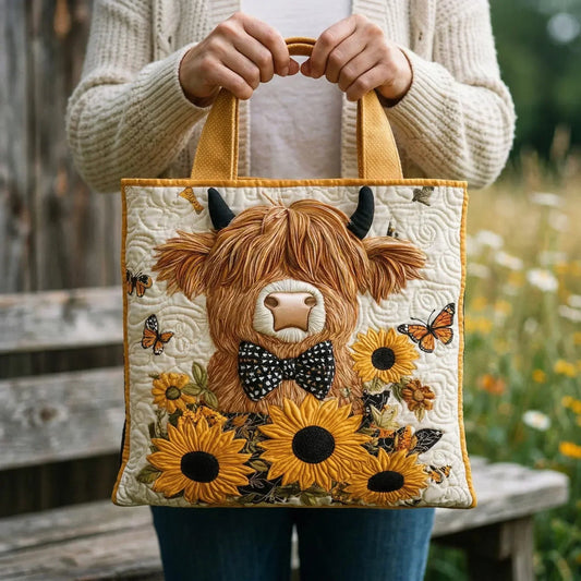 Borsa Trapuntata Decorata con Girasole con Design di Mucca delle Highlands
