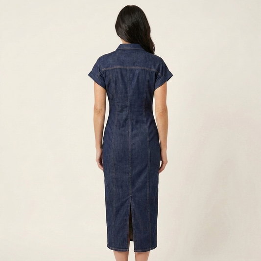 Maya | Abito Bodycon in Denim Midi con Bottoni Frontali