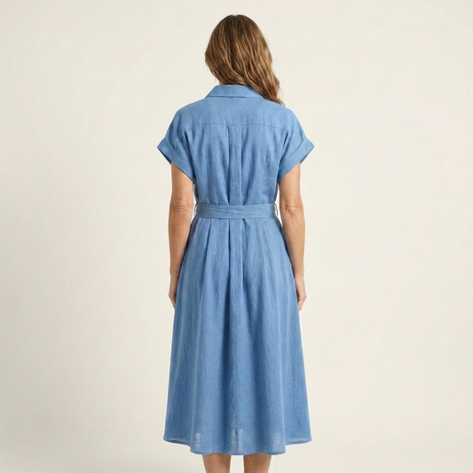 Melody | Vestito Midi in Denim con Bottoni e Cintura