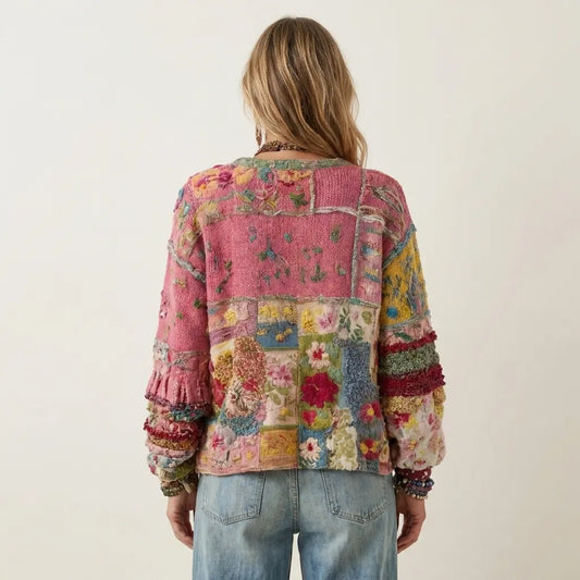 Marvelia | Cardigan a Maglia Patchwork con Ricamo Floreale