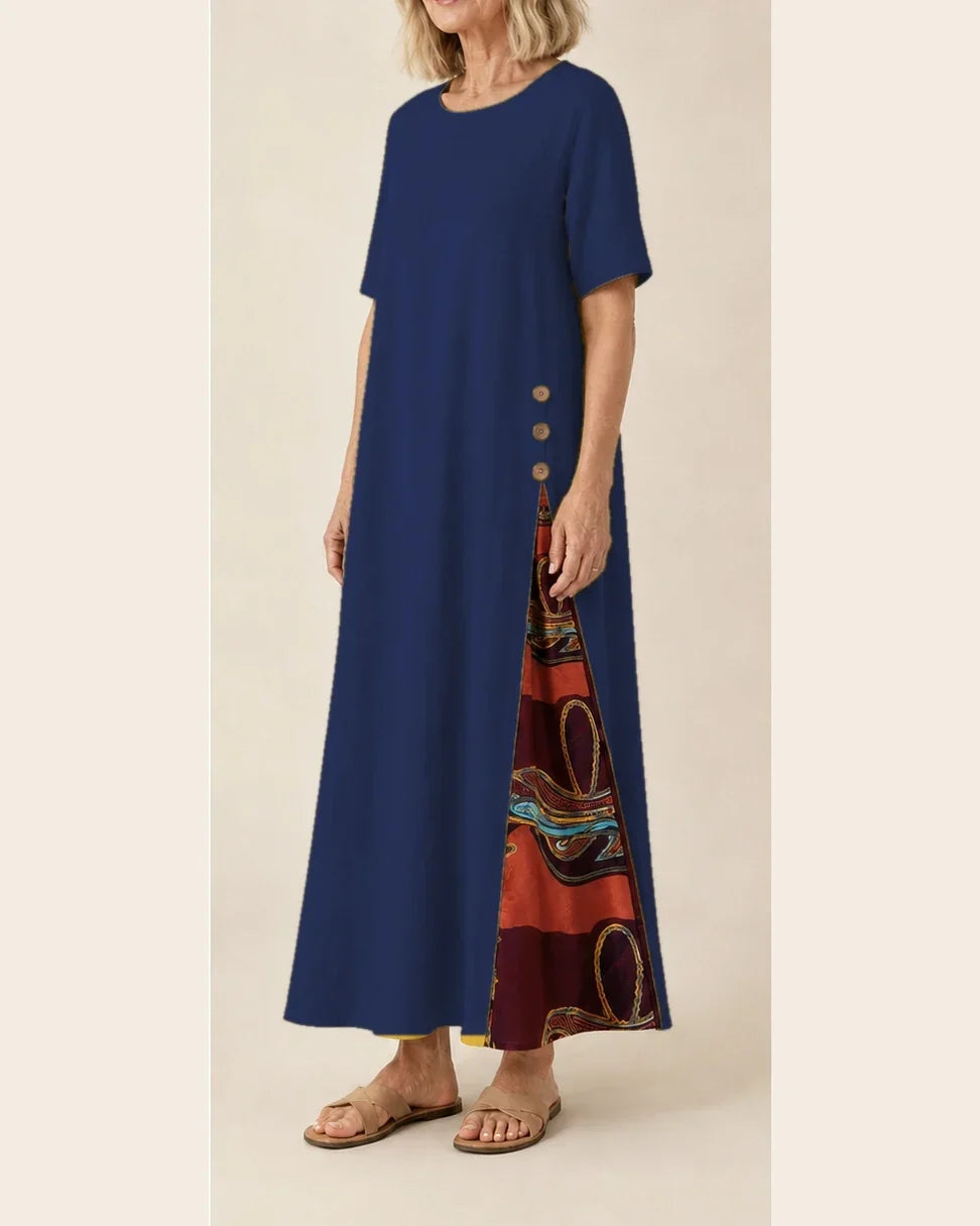 Maurene – Blu Scuro | Abito Lungo Casual Effetto Lino