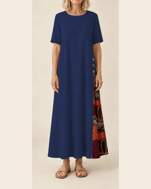 Maurene – Blu Scuro | Abito Lungo Casual Effetto Lino