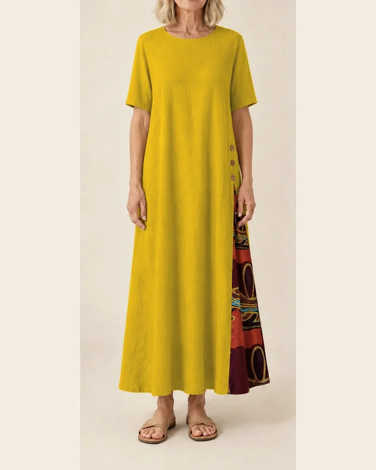 Maurene – Giallo Senape | Abito Lungo Casual con Effetto Lino