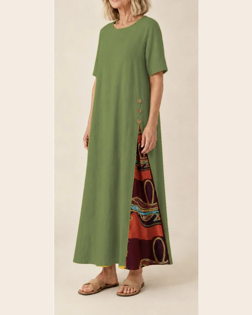 Maurene – Verde Oliva | Abito Lungo Casual con Effetto Lino