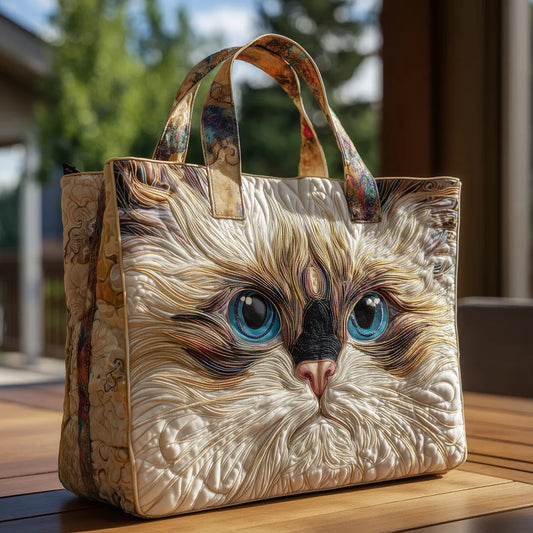 Borsa Tote Artigianale - Design Gatto Bianco con Occhi Blu