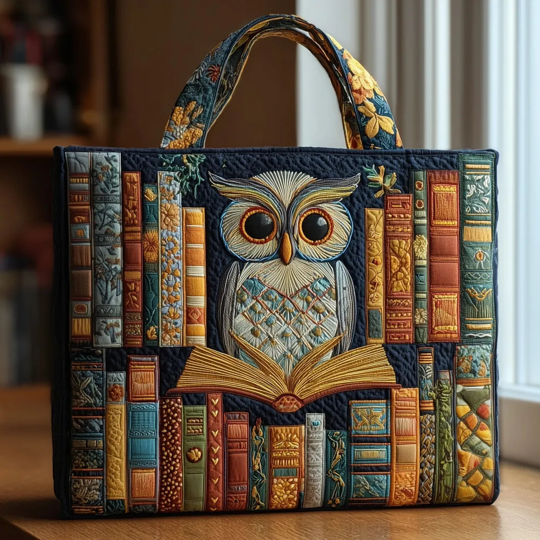 Borsa a spalla artigianale con gufo e libro vintage