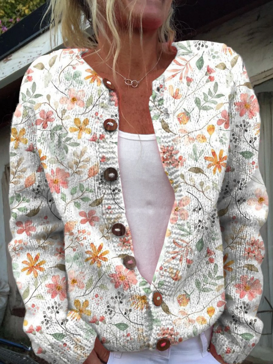 Greta | Cardigan in Maglia Floreale Acquerellato con Bottoni in Legno