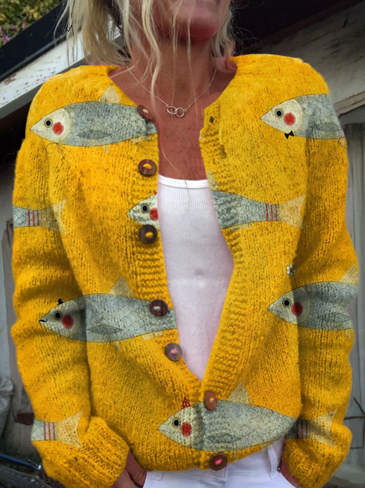 Anouk | Cardigan in Maglia Dorata con Stampa di Pesci e Bottoni Rotondi