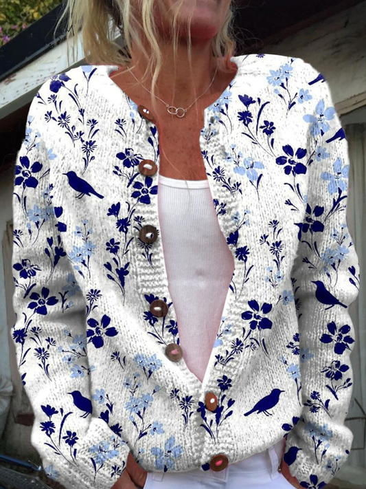 Vynora | Cardigan lavorato a maglia con stampa floreale e di uccelli e bottoni in legno