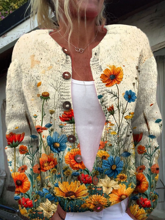 Tansy | Cardigan a Maglia con Bottoni e Stampa di Fiori Selvatici