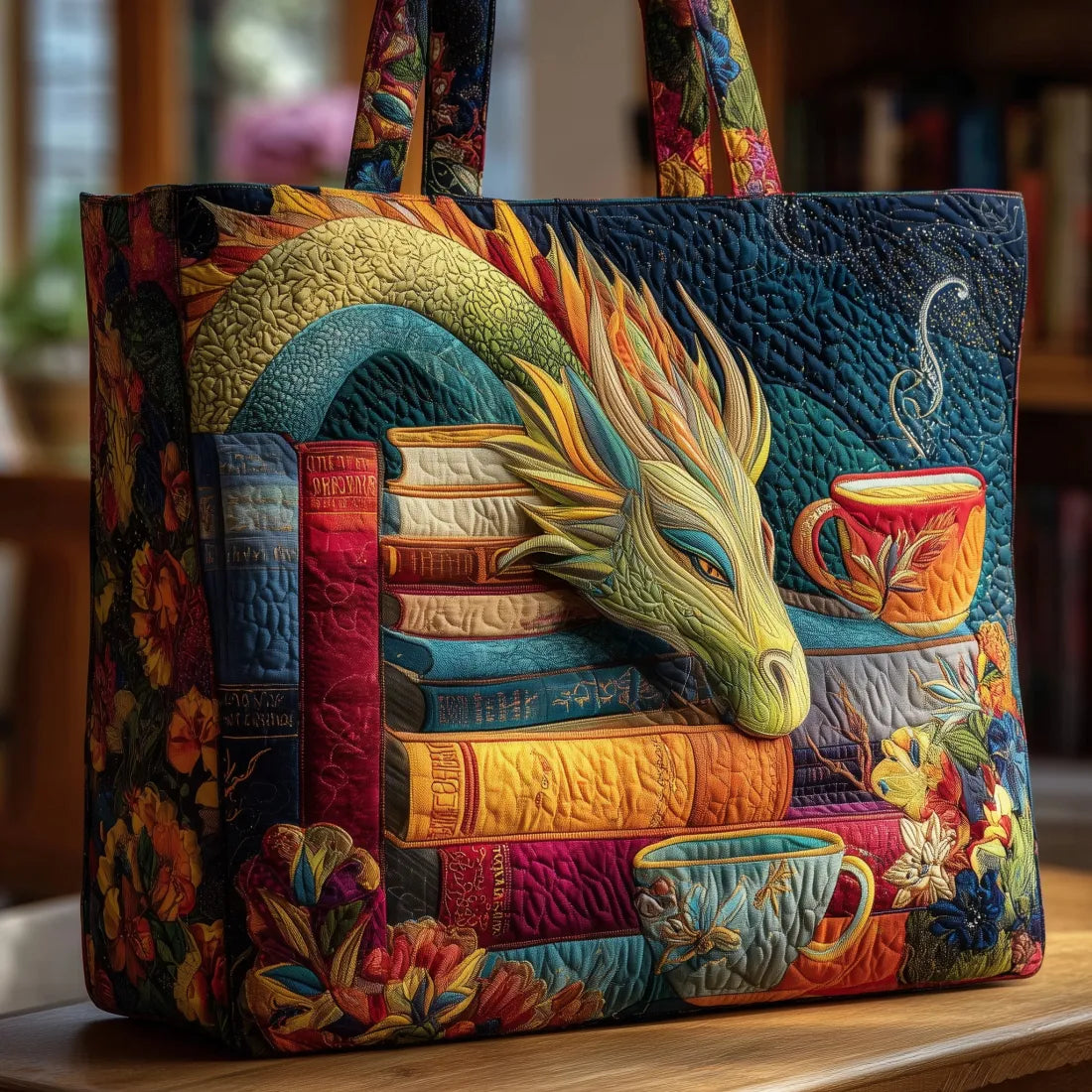 Borsa Artigianale per Lettori di Draghi con Libri e Tazze