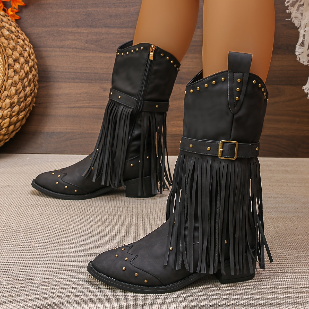 AURELIA | STIVALI RETRO WESTERN CON PUNTA A FASCIA E FRANGE