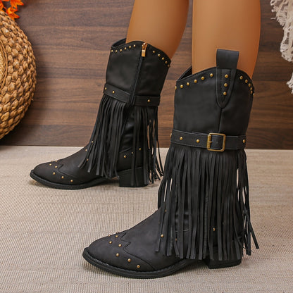 AURELIA | STIVALI RETRO WESTERN CON PUNTA A FASCIA E FRANGE