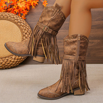 AURELIA | STIVALI RETRO WESTERN CON PUNTA A FASCIA E FRANGE