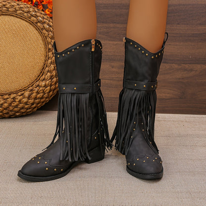 AURELIA | STIVALI RETRO WESTERN CON PUNTA A FASCIA E FRANGE