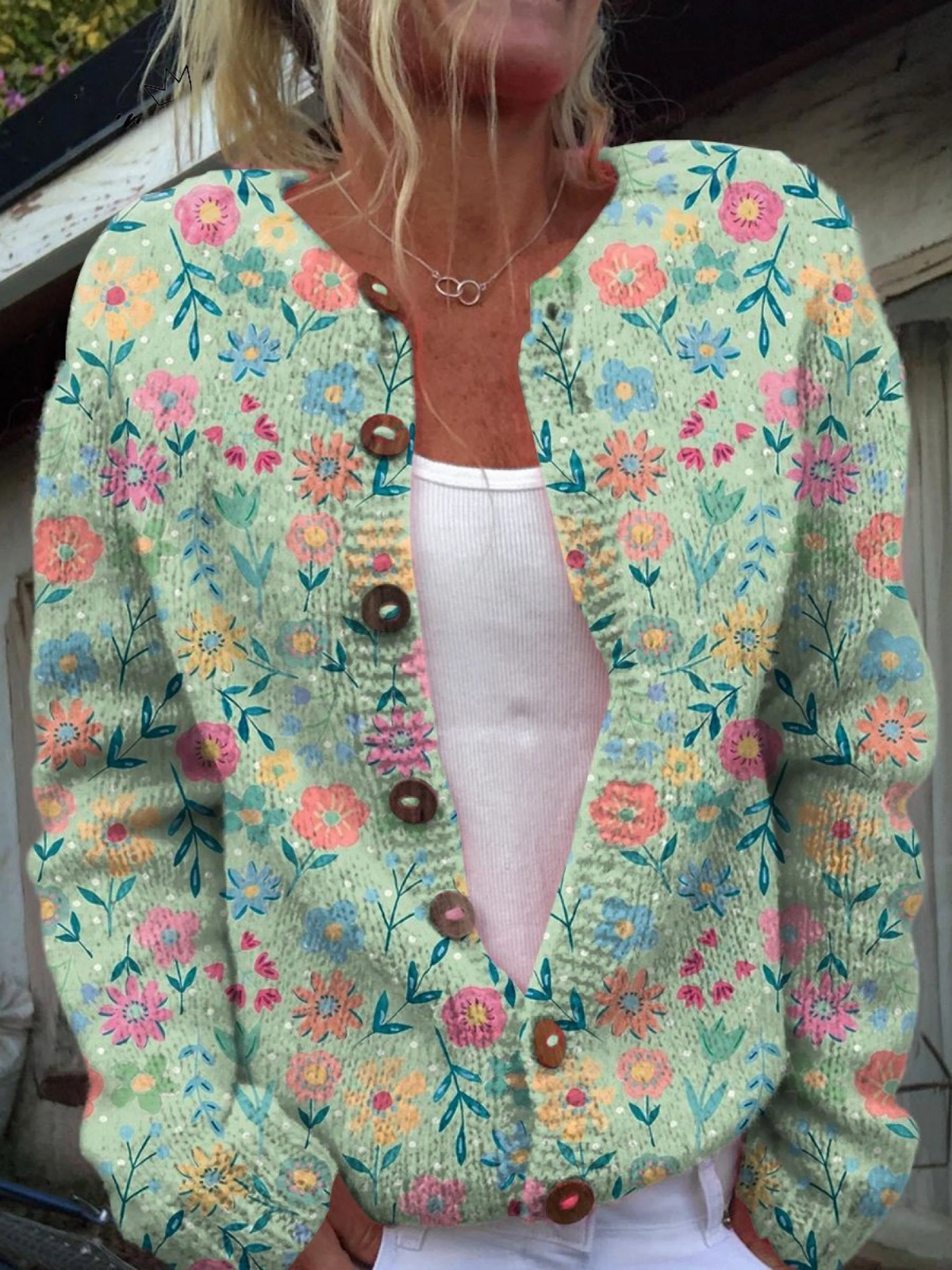 Foxfield | Cardigan in Maglia con Motivo Floreale Pastello e Bottoni in Legno