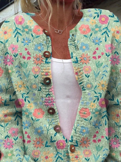 Foxfield | Cardigan in Maglia con Motivo Floreale Pastello e Bottoni in Legno