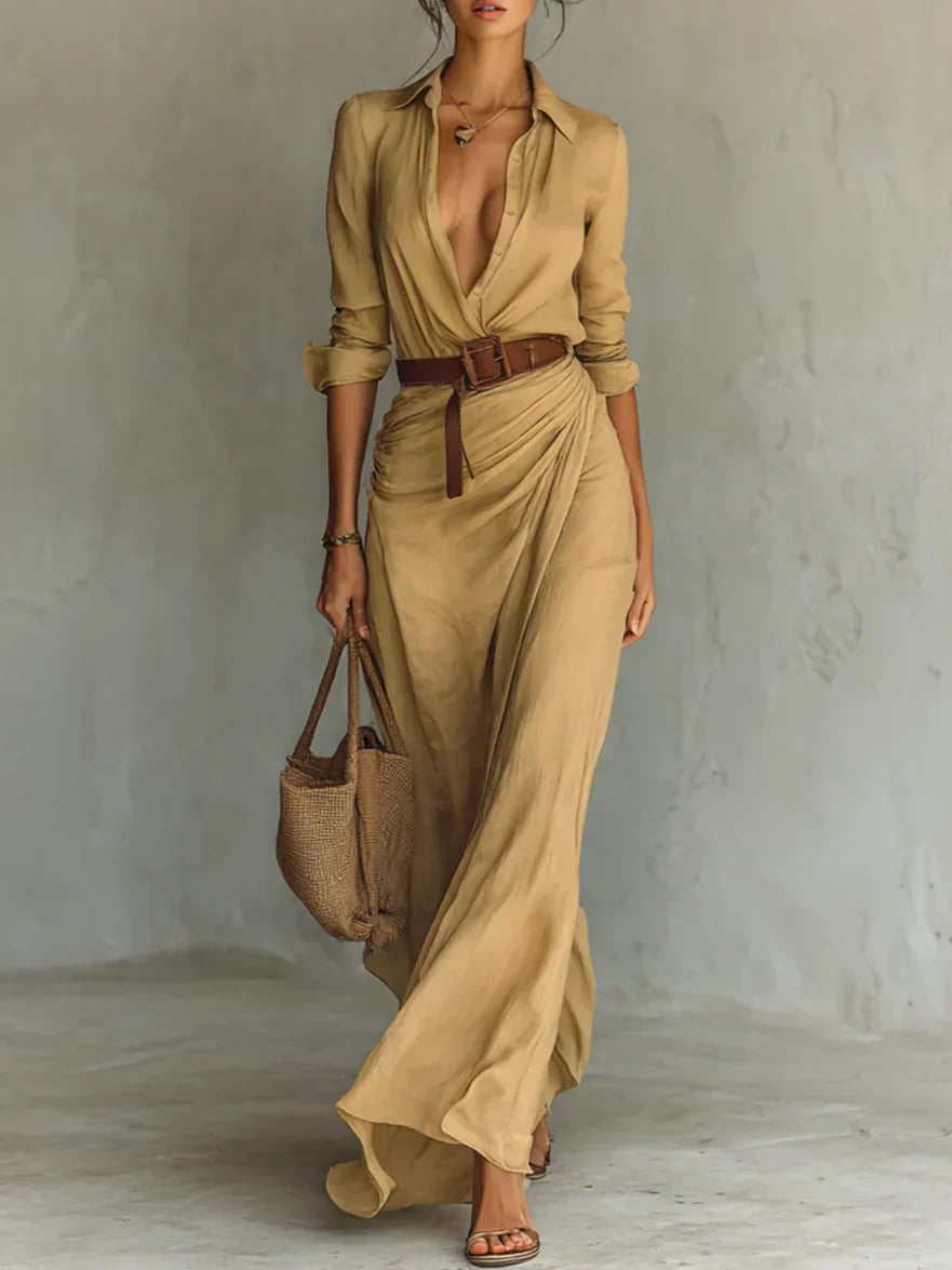 Abito Maxi con Collo a Revers e Maniche Lunghe per Signore