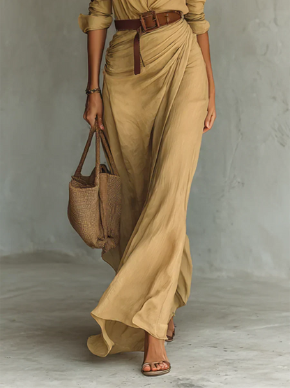 Abito Maxi con Collo a Revers e Maniche Lunghe per Signore