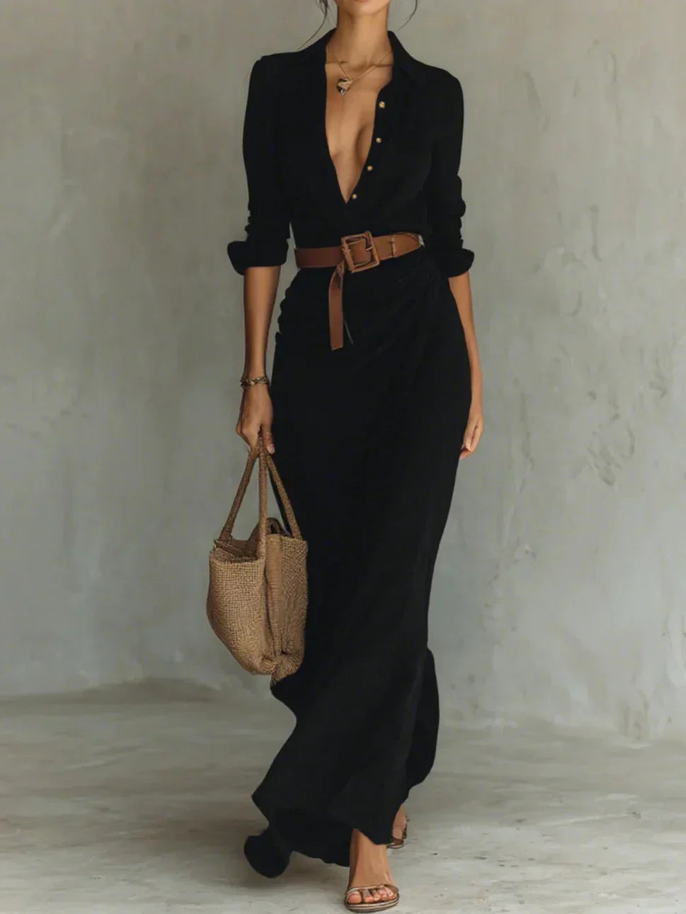 Abito Maxi con Collo a Revers e Maniche Lunghe per Signore