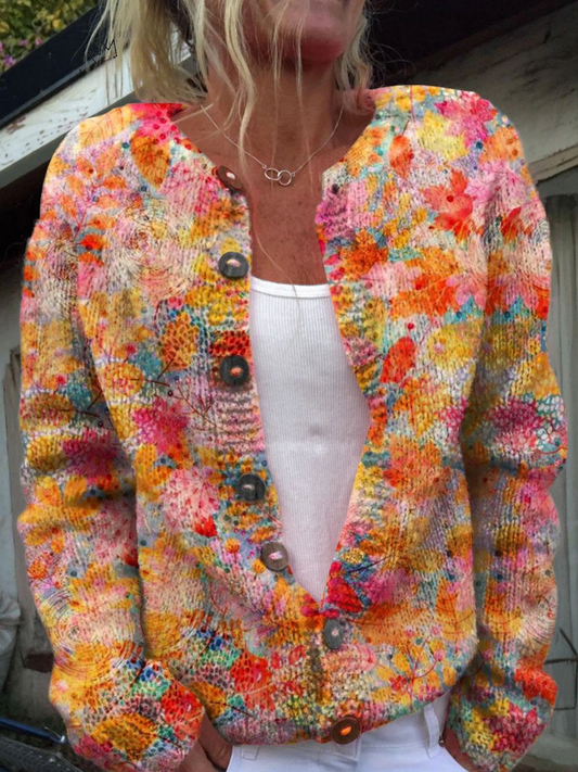 Helena | Cardigan lavorato a maglia con bottoni e stampa floreale dipinta