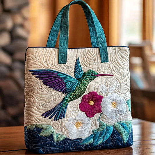 Borsa Trapuntata Colibrì e Fiore Bianco