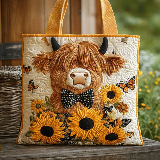 Borsa Trapuntata Decorata con Girasole con Design di Mucca delle Highlands