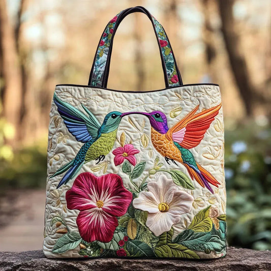 Borsa Trapuntata Colibrì e Fiori Bianchi