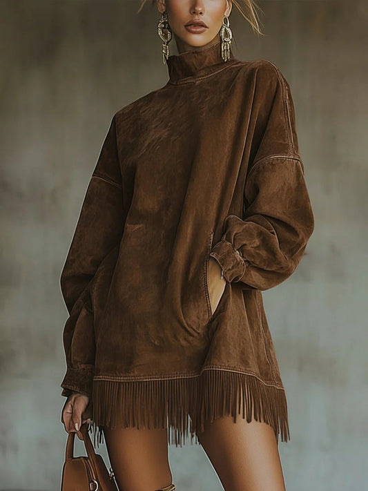 Abito in Faux Suede con Collo Alto e Orlo Frangiato