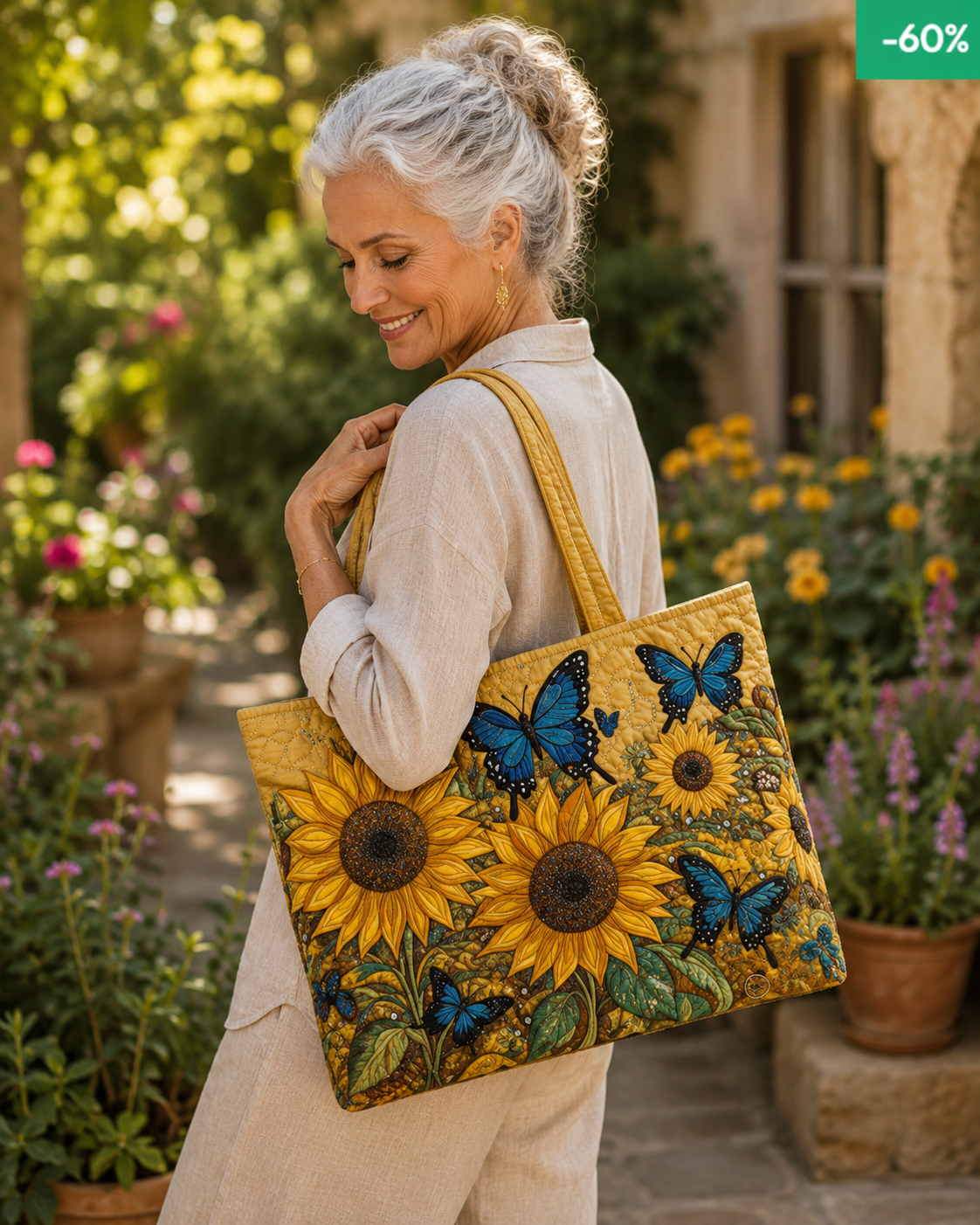 Borsa Artigianale - Design Girasole e Farfalla Blu