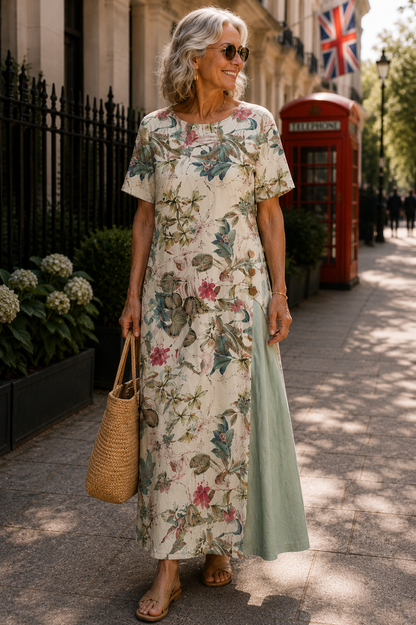 Maurene – Stampa Floreale Pastello | Vestito Lungo Effetto Lino Casual