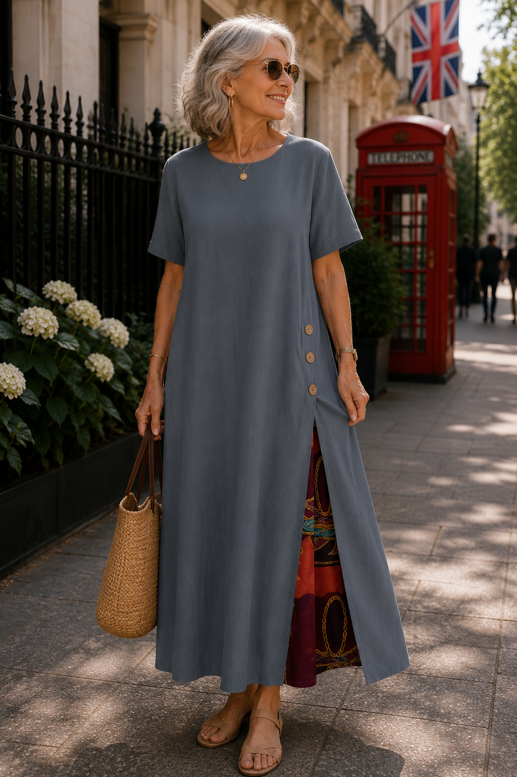 Maurene – Grigio | Abito lungo casual con effetto lino