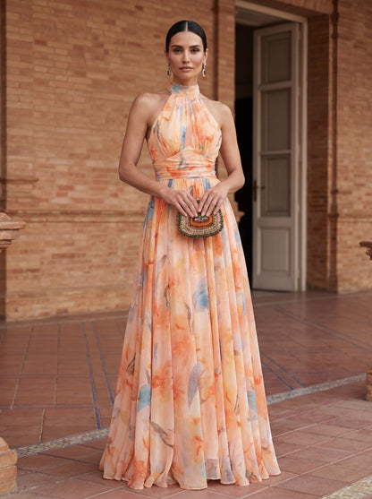 Esther™ | Abito con Scollo Halter e Stampa Acquerello
