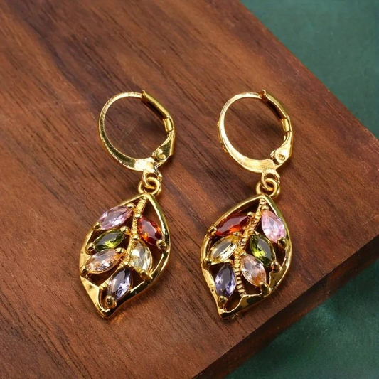 SYLVANA | ORECCHINI IN FOGLIA D'ORO VINTAGE CON ZIRCONIA COLORATE