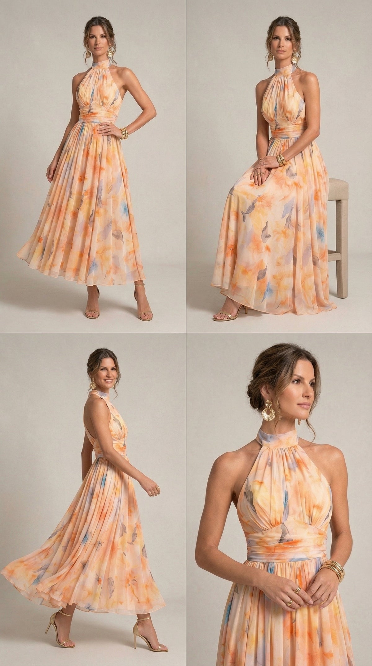 Esther™ | Abito con Scollo Halter e Stampa Acquerello