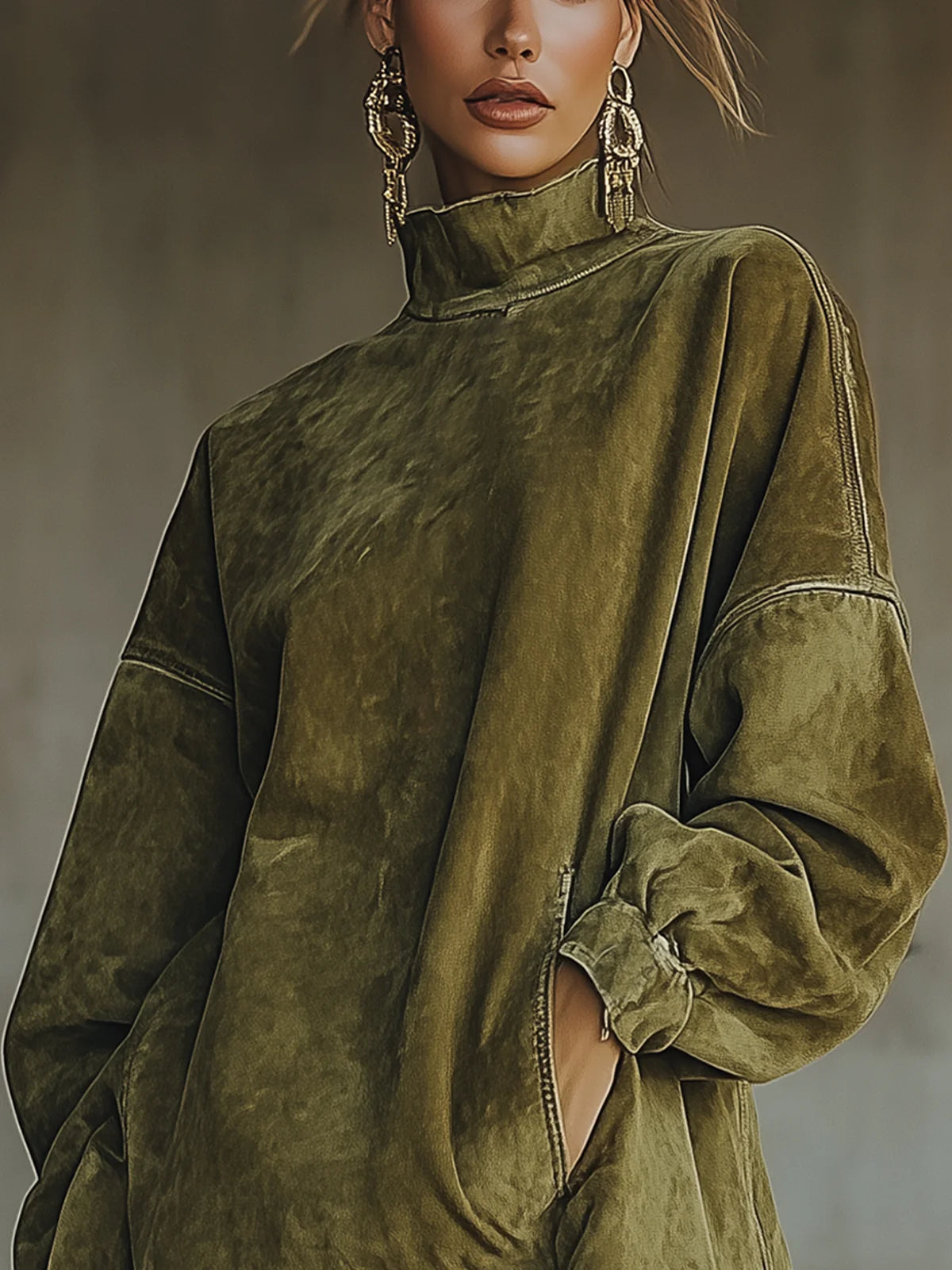 Abito in Faux Suede con Collo Alto e Orlo Frangiato