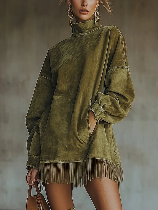 Abito in Faux Suede con Collo Alto e Orlo Frangiato