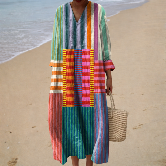 Abito Maxi a Maniche Tre Quarti | Colourblock